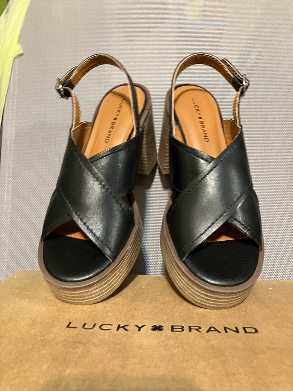 Lucky Brand Black Leather Platform Slingback Sandals